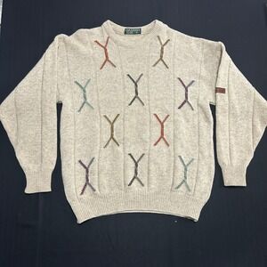 Lyle & Scott Vintage Lambswool Sweater Mens Medium Beige Intarsia Made in NZ